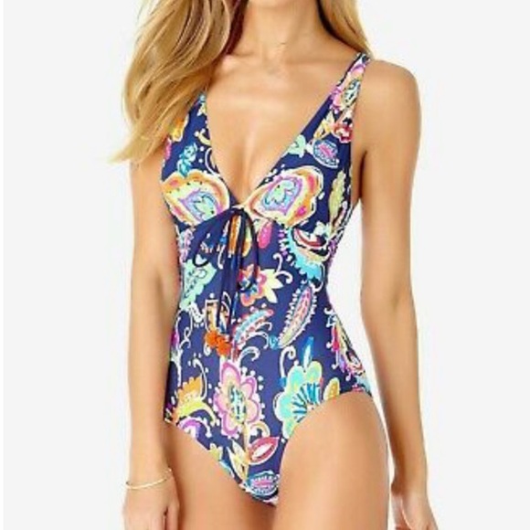 Final sale New Anne Cole colorful paisley one piece swimsuit with pom pom accent - Picture 1 of 13